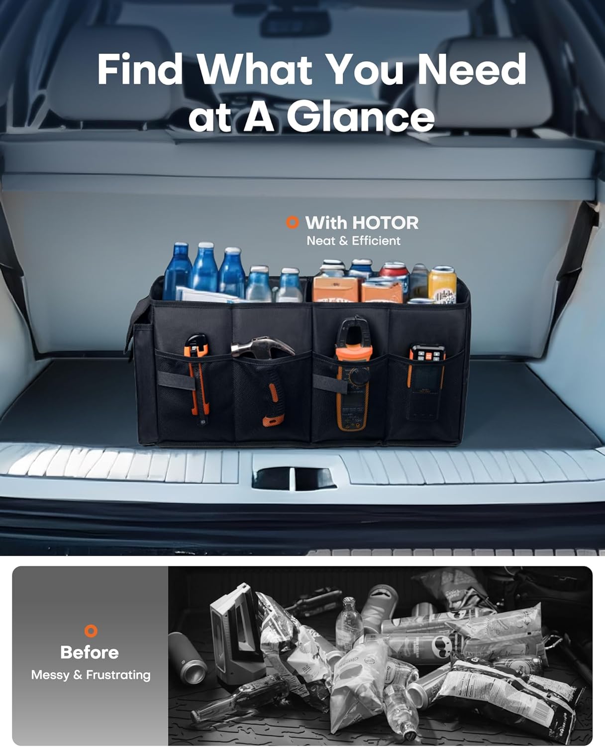 Car Organizer, Foldable Trunk organizer for SUVs & Sedans, Sturdy Car Organization for Car Accessories, Tools, Sundries, Black, 2 Compartments, 21.3"×12.6"×10.6"
