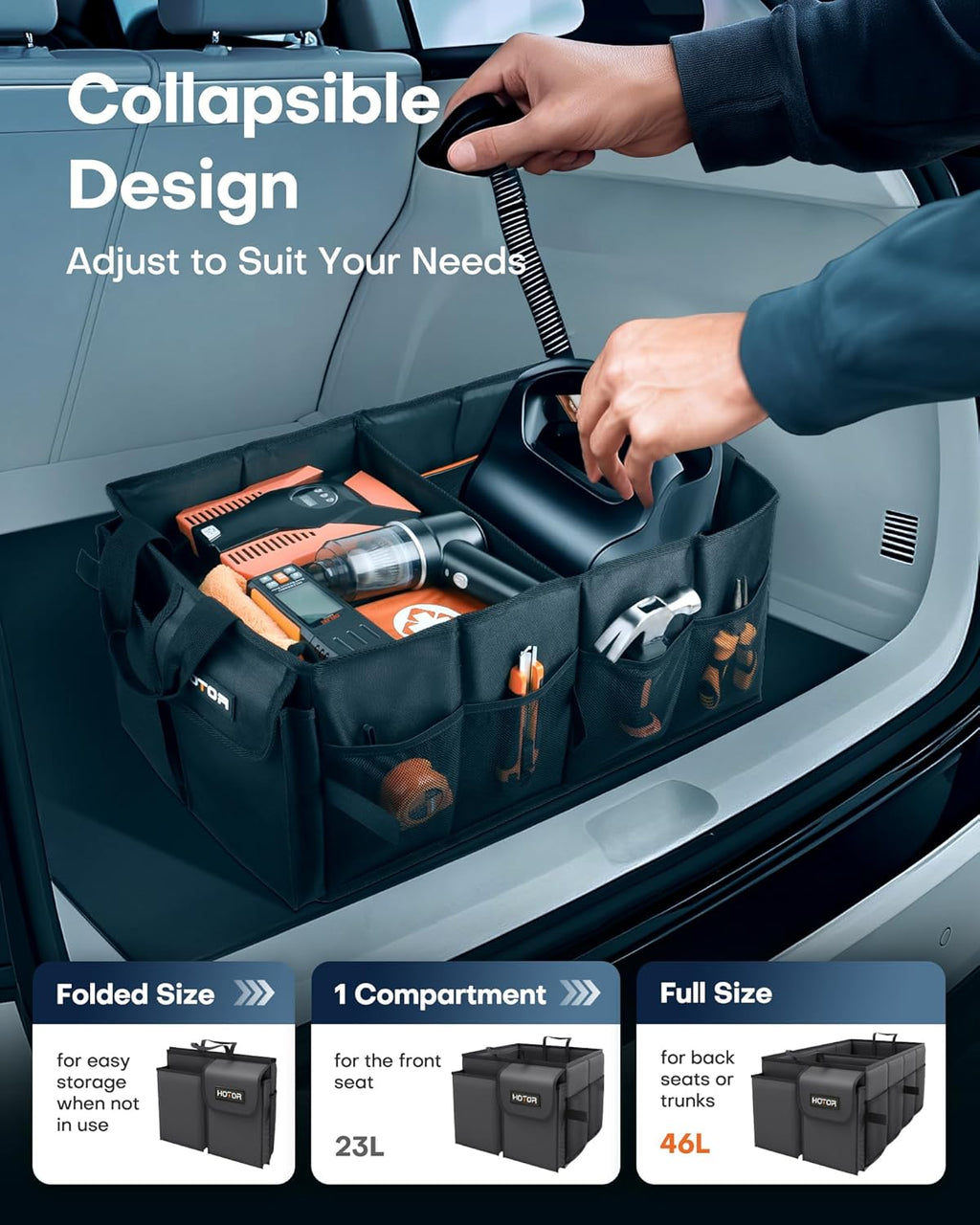 Car Organizer, Foldable Trunk organizer for SUVs & Sedans, Sturdy Car Organization for Car Accessories, Tools, Sundries, Black, 2 Compartments, 21.3"×12.6"×10.6"